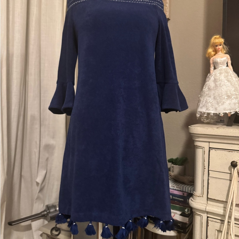 Elegant Blue Off-Shoulder Dress - Cabana Life - Navy Blue Terrycloth & tassels S - Picture 2 of 12